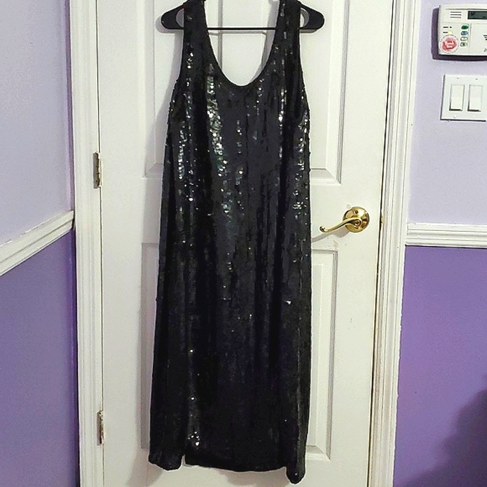 Essence Black Silk Sequined Evening Side Slit Shift Midi Dress Plus 26 - Picture 5 of 9